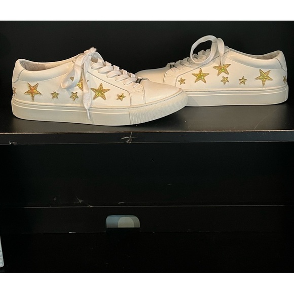 J/Slides NYC Womens Size 8.5 White Leather w Gold Stars - Picture 3 of 10